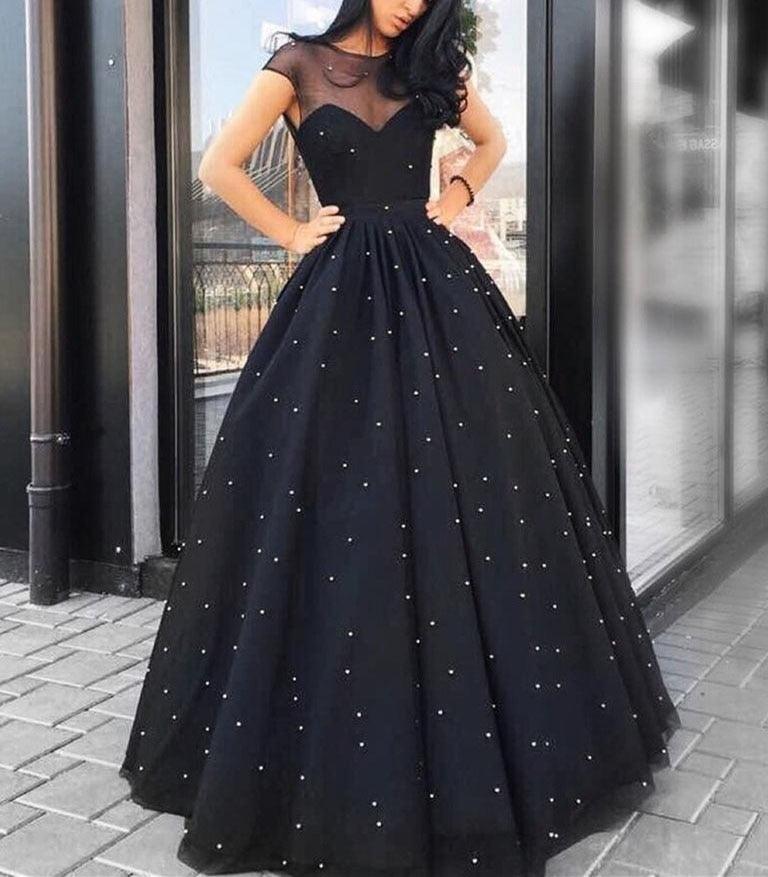Beaded Black Tulle Long Elegant Formal Dress - TeresaCollections