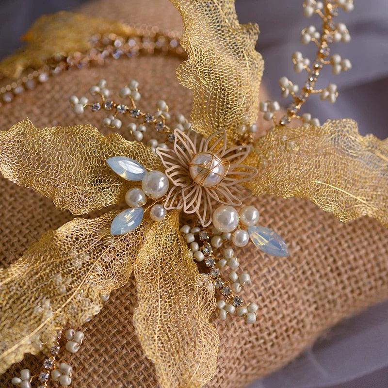 Gold Tassels Wedding Barrettes Soft Bridal Tiara - TeresaCollections