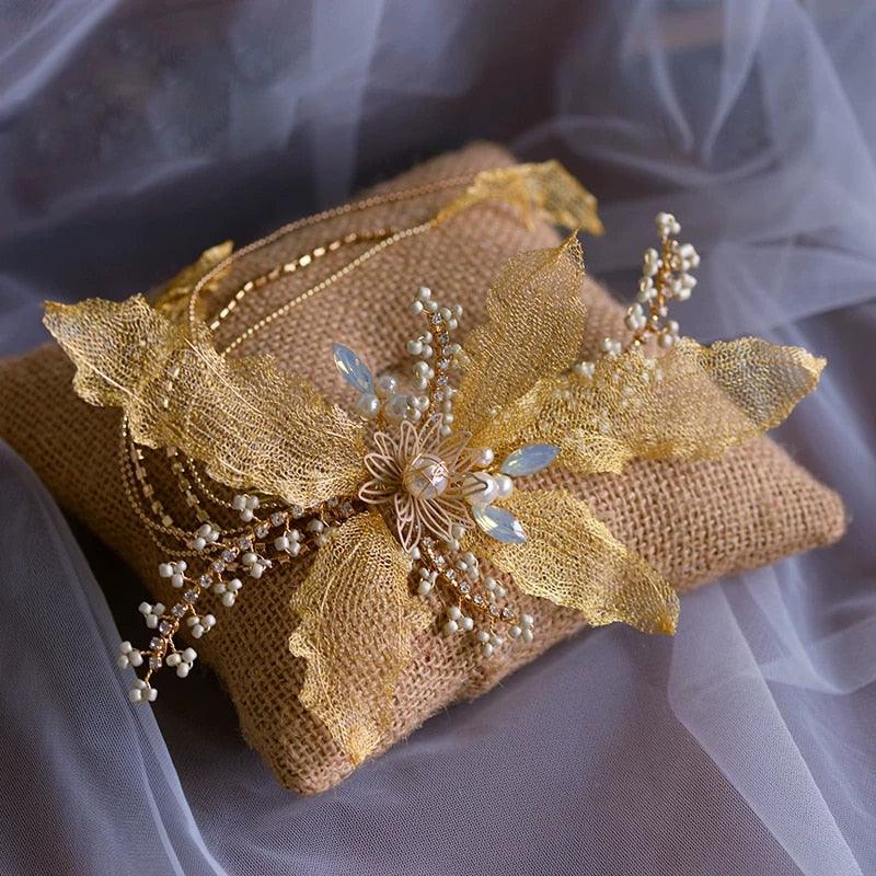 Gold Tassels Wedding Barrettes Soft Bridal Tiara - TeresaCollections