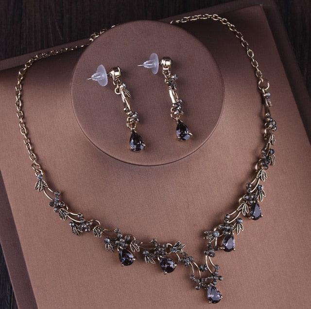 Vintage Gold Black Crystal Heart Bridal Jewelry Sets - TeresaCollections