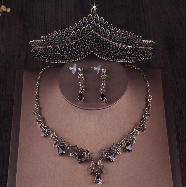 Vintage Gold Black Crystal Heart Bridal Jewelry Sets - TeresaCollections
