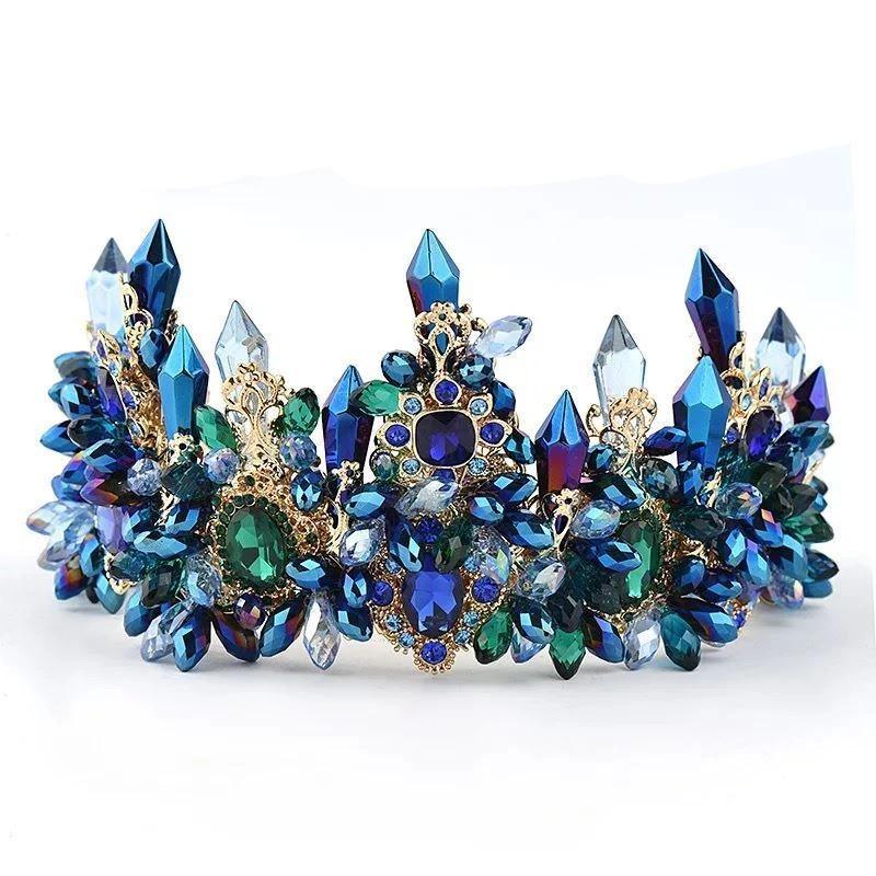 Blue Baroque Royal Retro Green Rhinestone Tiara - TeresaCollections