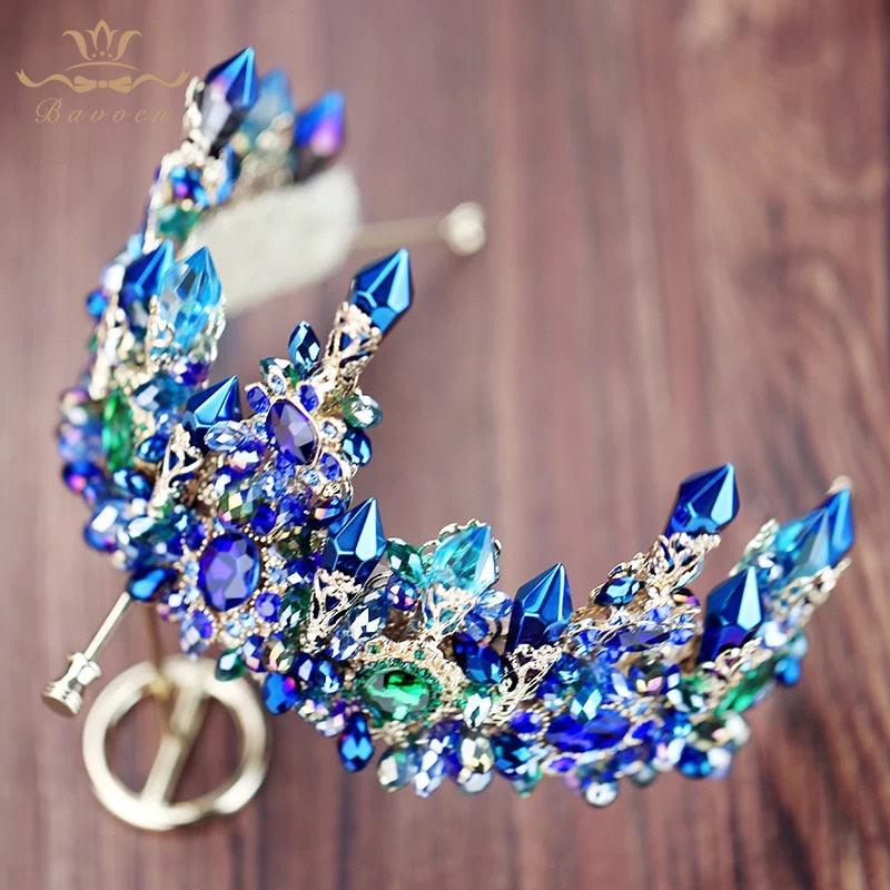 Blue Baroque Royal Retro Green Rhinestone Tiara - TeresaCollections