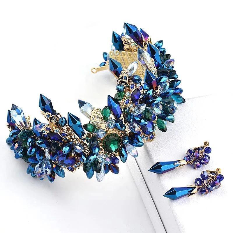 Blue Baroque Royal Retro Green Rhinestone Tiara - TeresaCollections