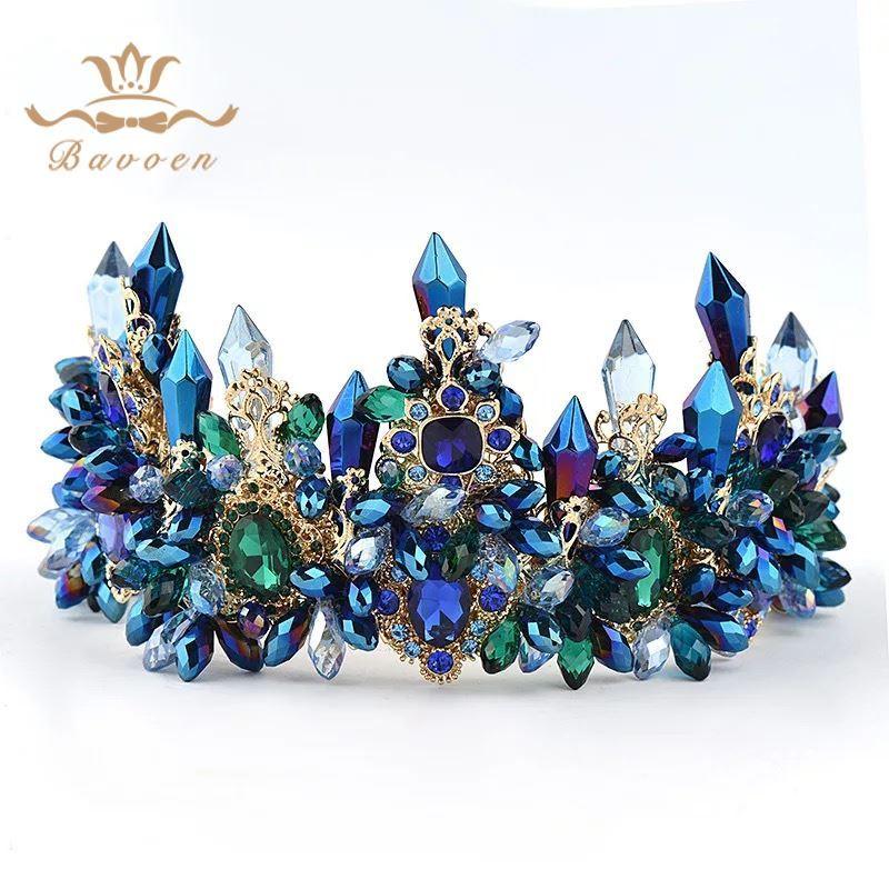 Blue Baroque Royal Retro Green Rhinestone Tiara - TeresaCollections