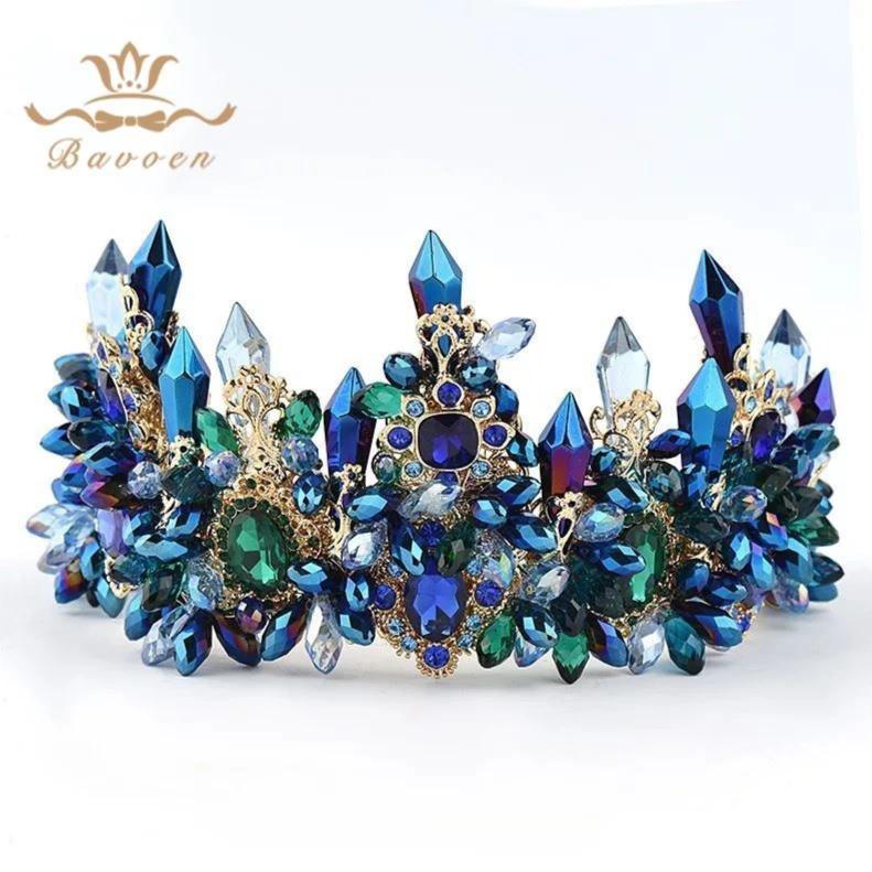 Blue Baroque Royal Retro Green Rhinestone Tiara - TeresaCollections