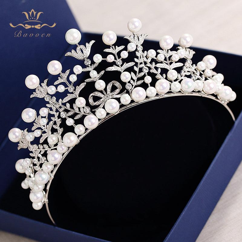 Fresh Water Pearls Wedding Luxury Zircon Crystal Tiara - TeresaCollections
