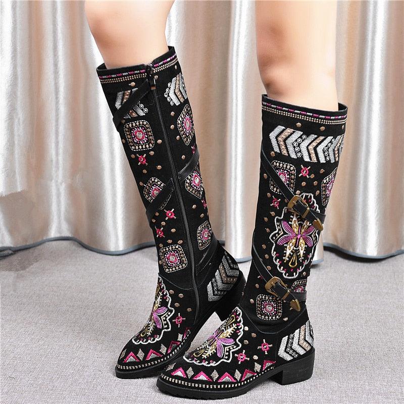 Winter genuine western bohemia embroidery knee high boot - TeresaCollections