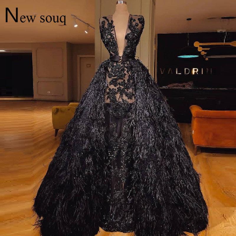 Black Feather Couture Two Pieces Deep V Neck Evening Dress - TeresaCollections