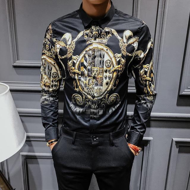 Black Gold Print Baroque Slim Fit Long Sleeve Shirt - TeresaCollections