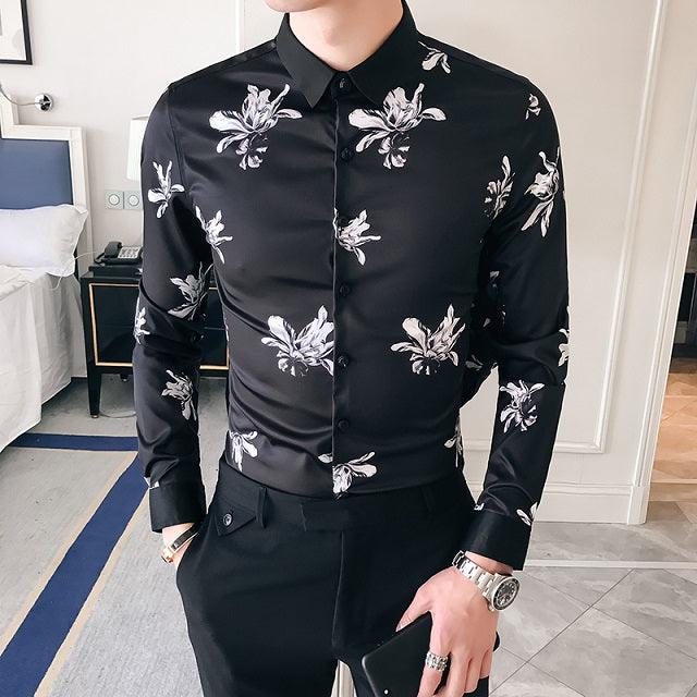 Black Gold Print Baroque Slim Fit Long Sleeve Shirt - TeresaCollections