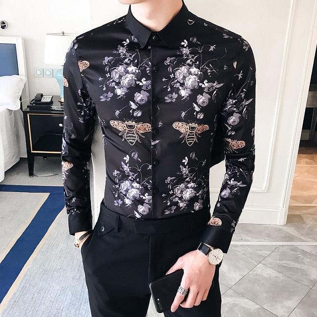 Black Gold Print Baroque Slim Fit Long Sleeve Shirt - TeresaCollections