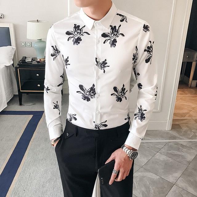 Black Gold Print Baroque Slim Fit Long Sleeve Shirt - TeresaCollections