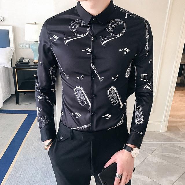 Black Gold Print Baroque Slim Fit Long Sleeve Shirt - TeresaCollections