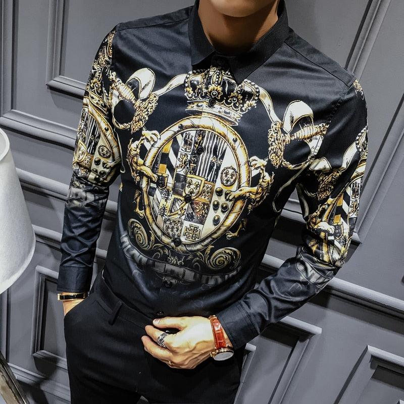 Black Gold Print Baroque Slim Fit Long Sleeve Shirt - TeresaCollections