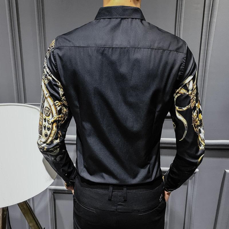 Black Gold Print Baroque Slim Fit Long Sleeve Shirt - TeresaCollections