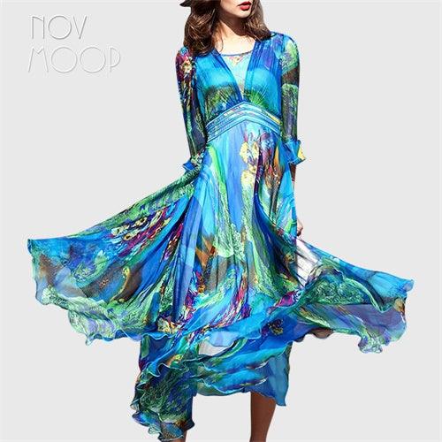 Bohemian style floral print dress butterfly sleeve chiffon pure silk dress - TeresaCollections