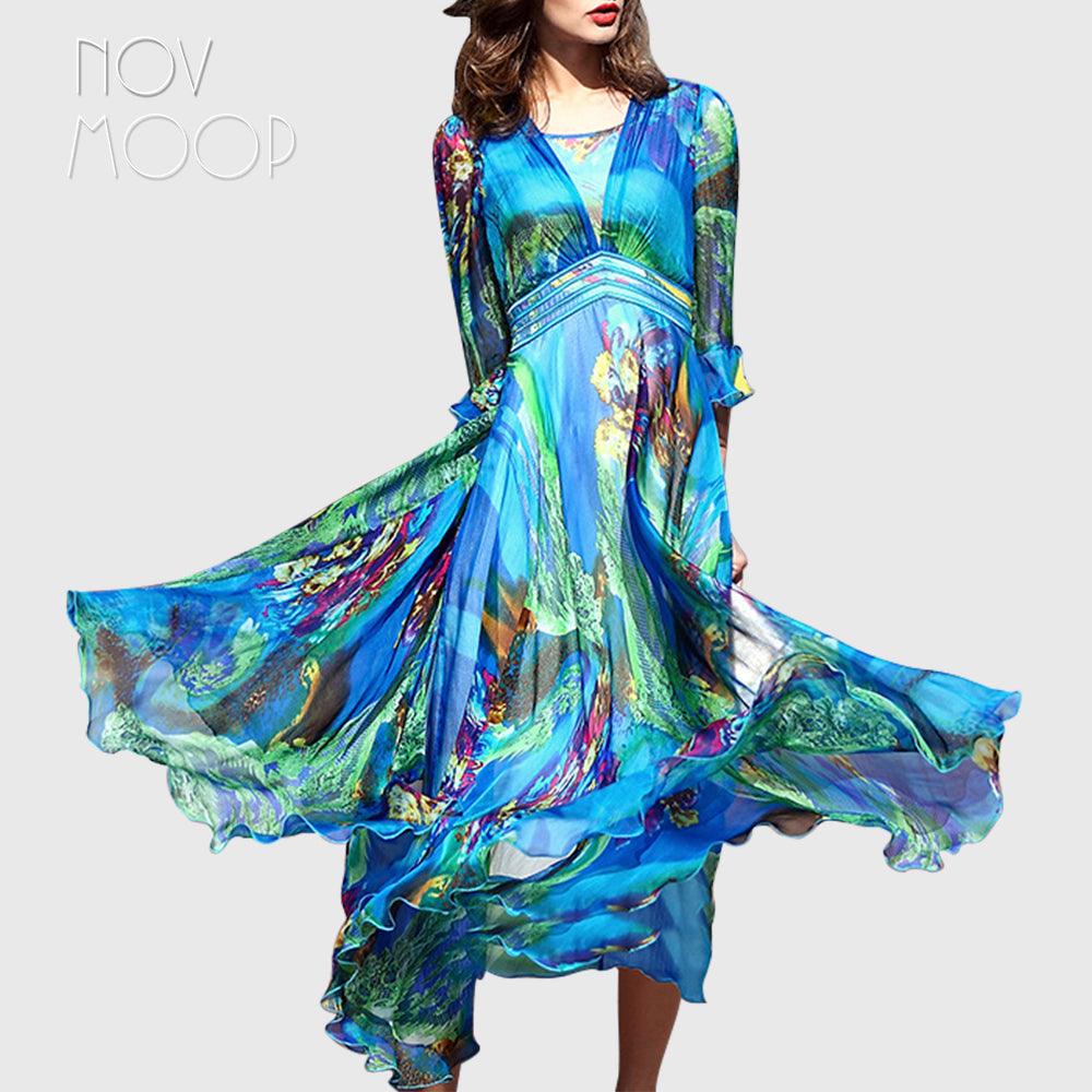 Bohemian style floral print dress butterfly sleeve chiffon pure silk dress - TeresaCollections