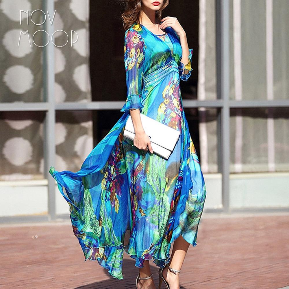 Bohemian style floral print dress butterfly sleeve chiffon pure silk dress - TeresaCollections