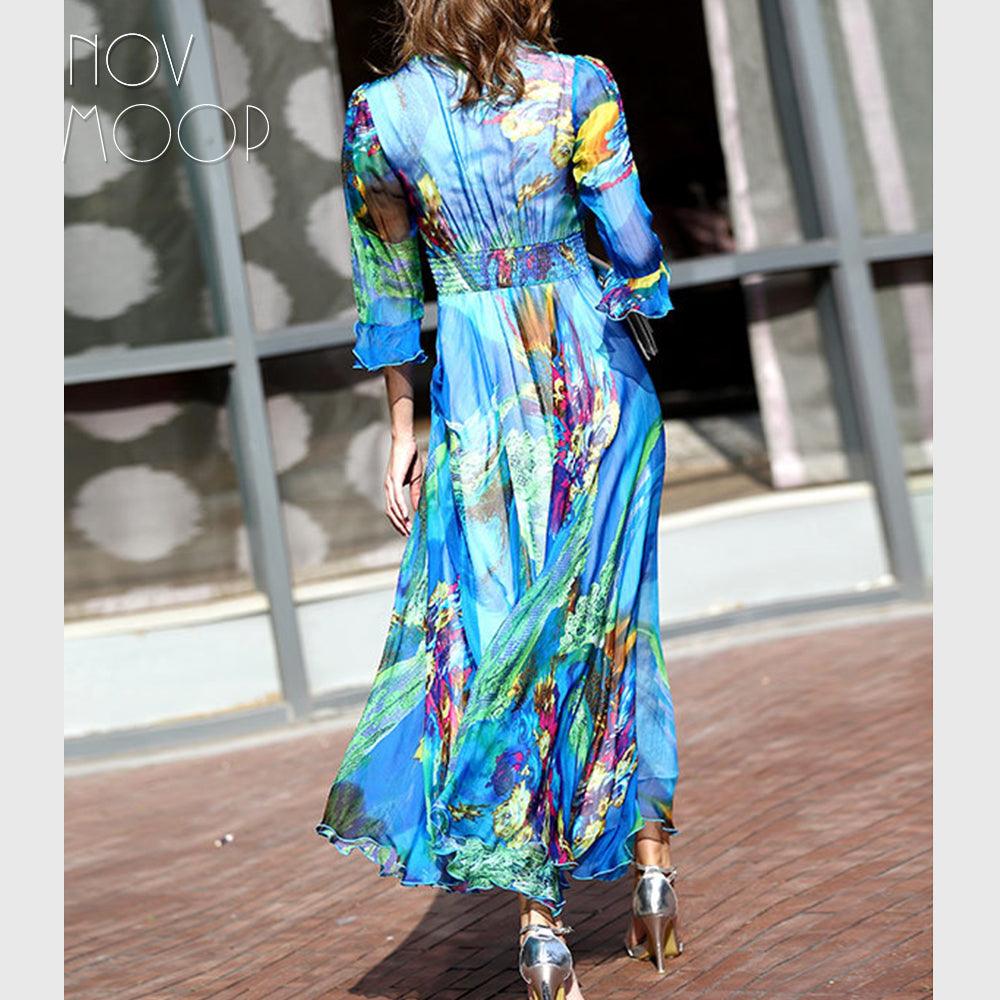 Bohemian style floral print dress butterfly sleeve chiffon pure silk dress - TeresaCollections