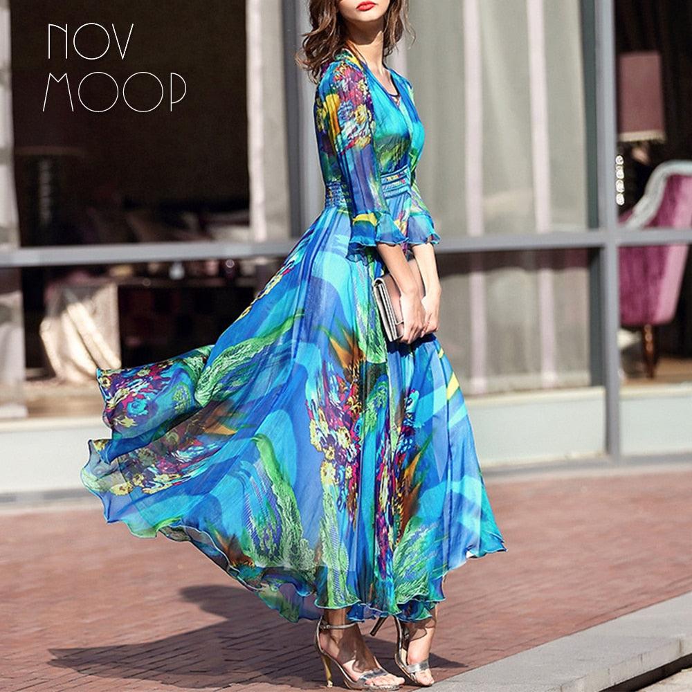 Bohemian style floral print dress butterfly sleeve chiffon pure silk dress - TeresaCollections