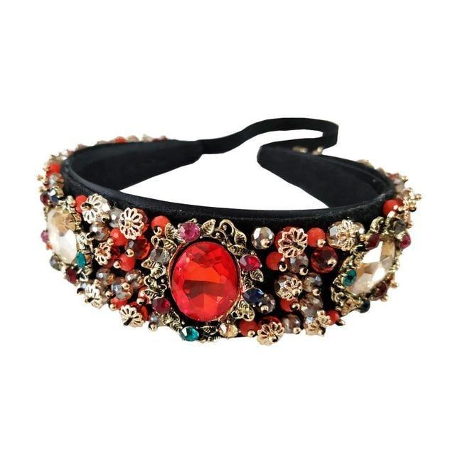 Rhinestone Beads Crystal Velvet Wide Headbands - TeresaCollections