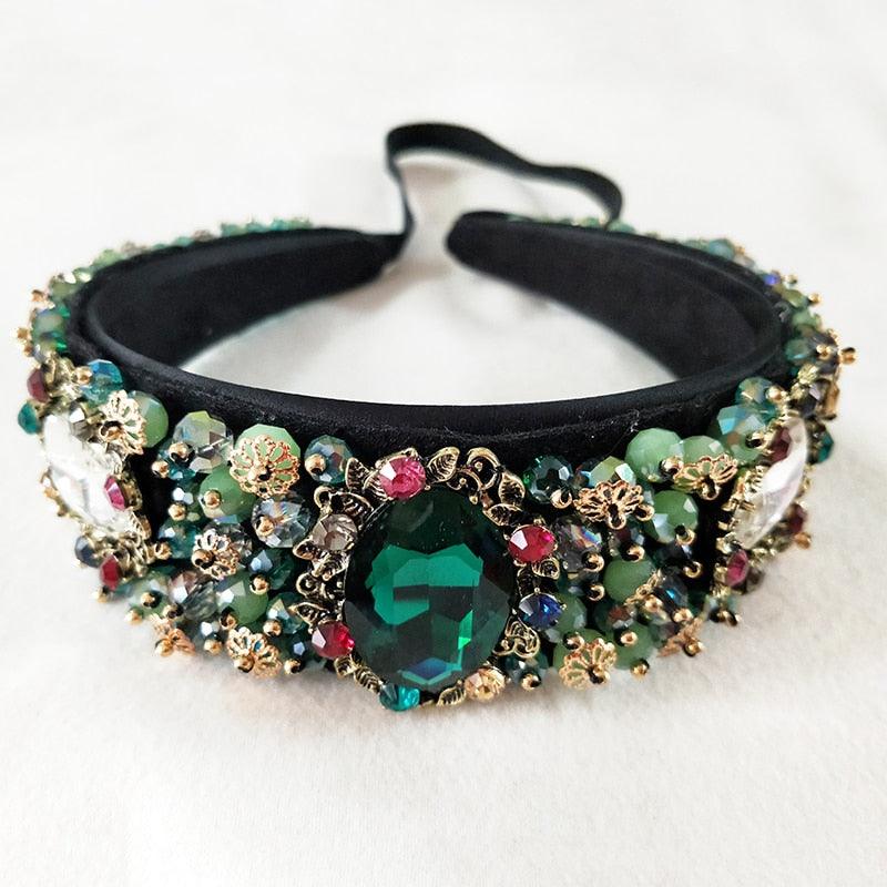 Rhinestone Beads Crystal Velvet Wide Headbands - TeresaCollections