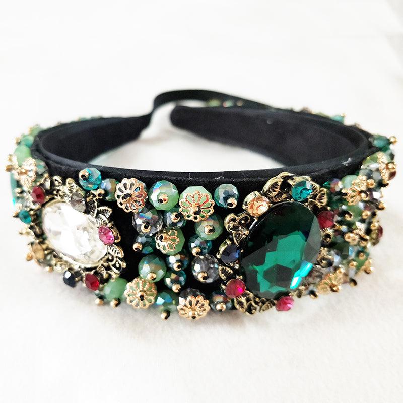 Rhinestone Beads Crystal Velvet Wide Headbands - TeresaCollections