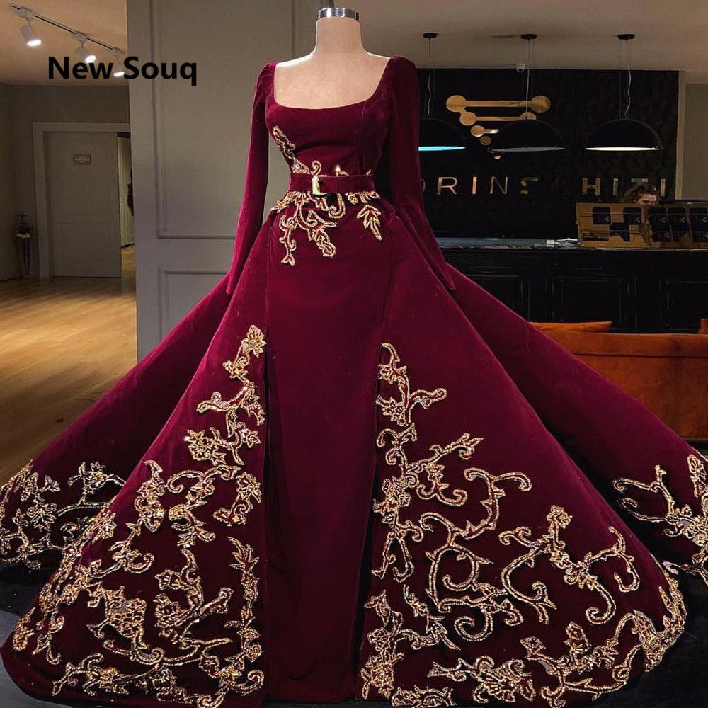 Burgundy Long Sleeves Muslim Evening Dress With Detachable Skirt - TeresaCollections