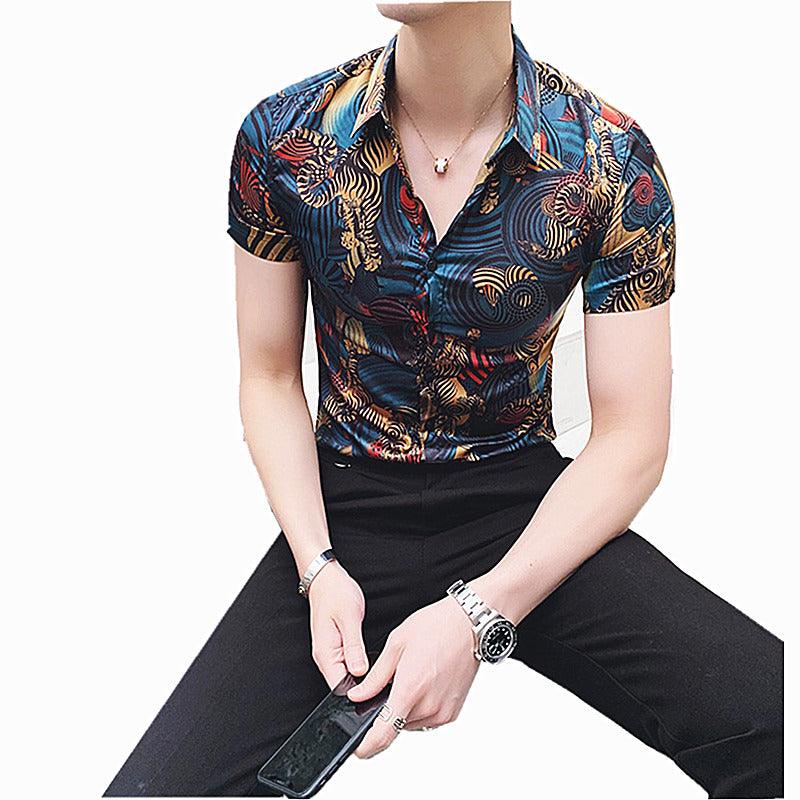 Blue Flower Summer Short Sleeve Slim Fit Print Men's Shirt - TeresaCollections