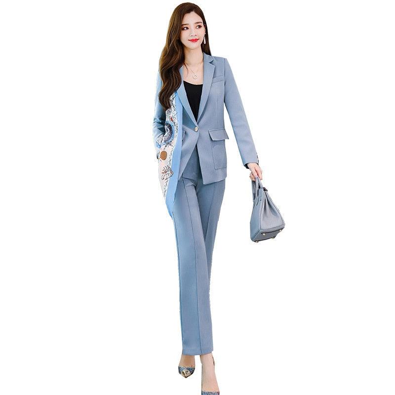 Blue Jacket Blazer Two-piece Pants Suit - TeresaCollections