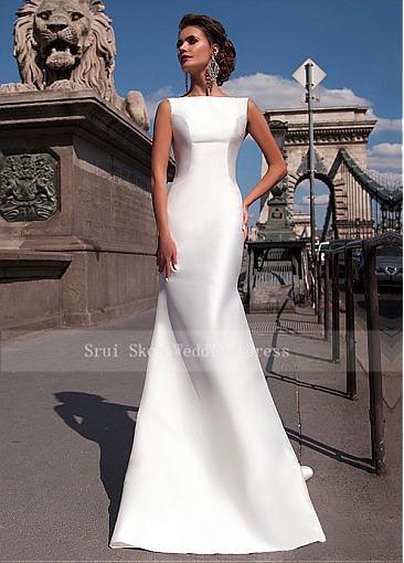 Satin Bateau Neckline Mermaid Wedding Dress With Detachable Train - TeresaCollections