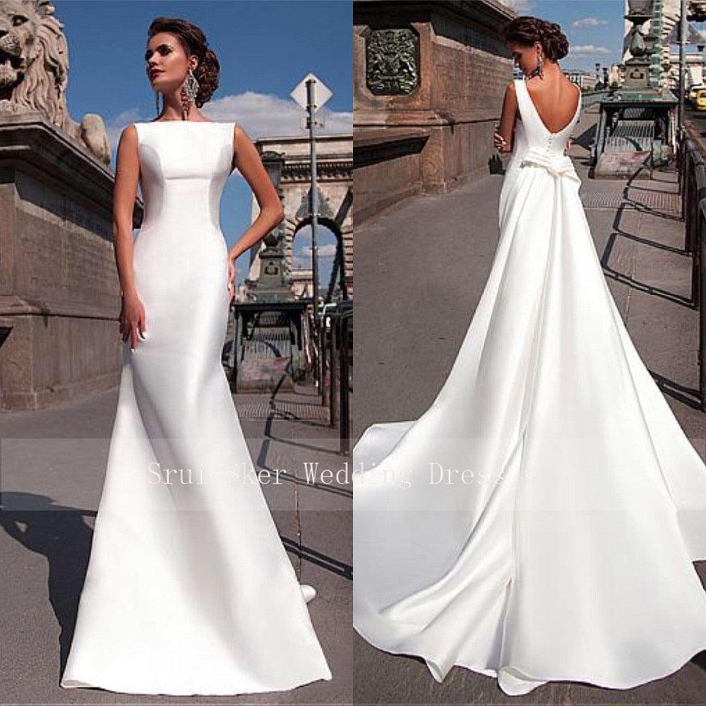 Satin Bateau Neckline Mermaid Wedding Dress With Detachable Train - TeresaCollections