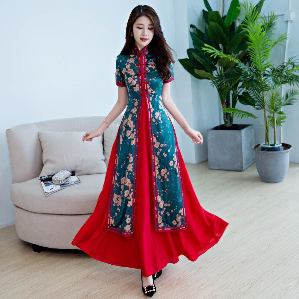 Velvet Chinese Ao dai, midi velvet Qipao, velvet midi black Ao dai