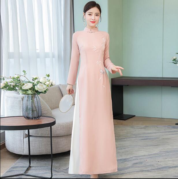 Traditional Vietnam Ao dai Long sleeve Cheongsam Print Qipao Dress - TeresaCollections