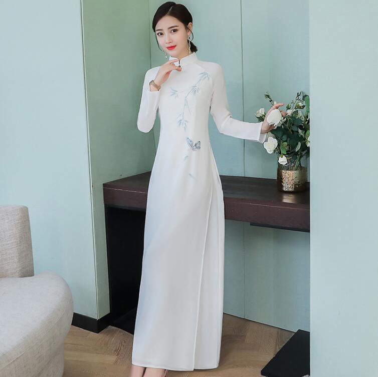Traditional Vietnam Ao dai Long sleeve Cheongsam Print Qipao Dress - TeresaCollections