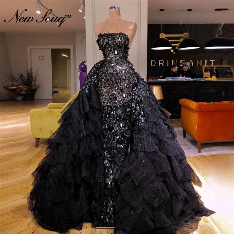 Couture Black Muslim Evening Dresses Sequin Tulle Evening Dress - TeresaCollections