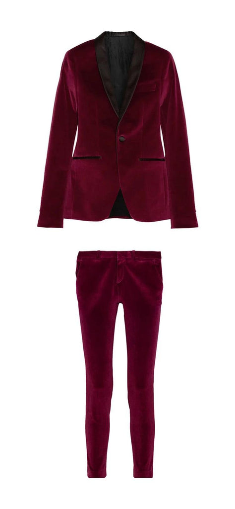 Wine Red Velvet Women Tuxedos Formal Pant Suits - TeresaCollections