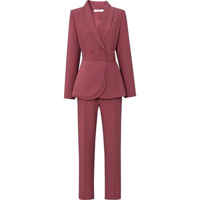 TeresaCollections - Waist Belted Blazer and High Waist Pants Suit Set