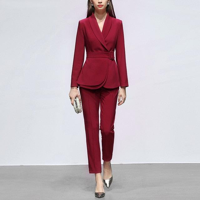 Waist Belted Blazer and High Waist Pants Suit Set - TeresaCollections