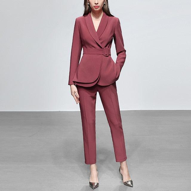 Waist Belted Blazer and High Waist Pants Suit Set - TeresaCollections