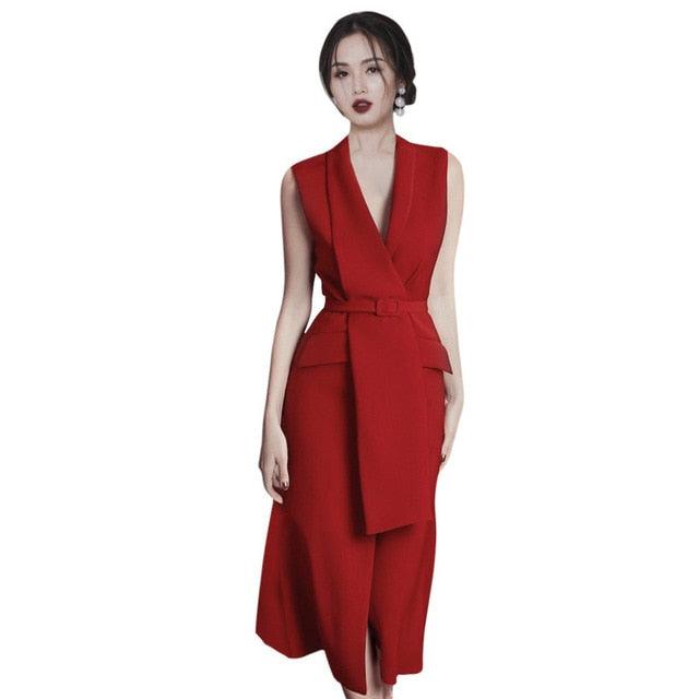 Red Sleeveless V-neck Belt Front Slit Blazer Dress - TeresaCollections
