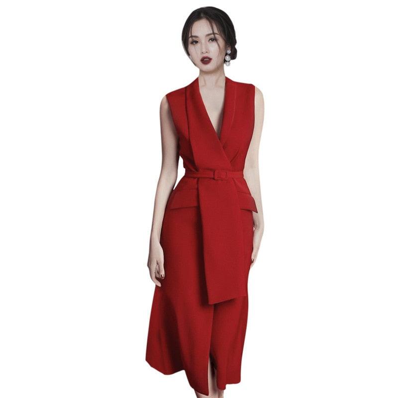 Red Sleeveless V-neck Belt Front Slit Blazer Dress - TeresaCollections