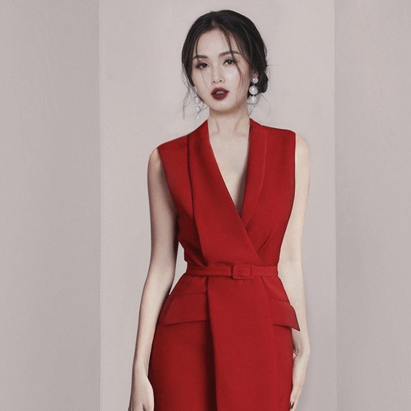 Red Sleeveless V-neck Belt Front Slit Blazer Dress - TeresaCollections