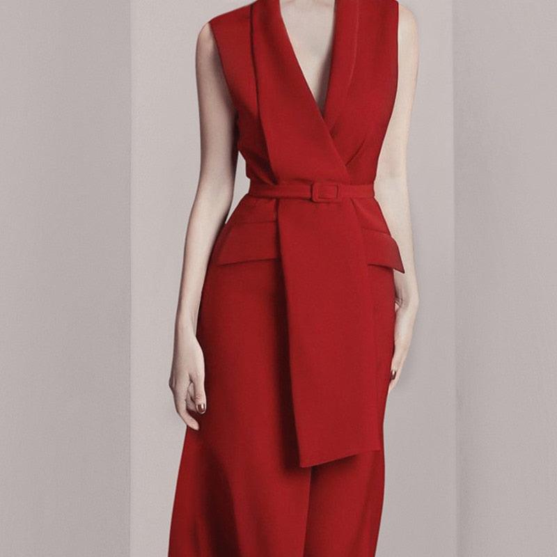 Red Sleeveless V-neck Belt Front Slit Blazer Dress - TeresaCollections