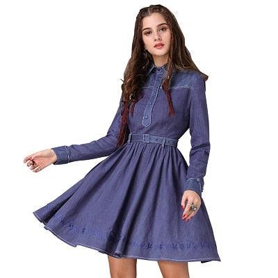 Denim Long Sleeve Belted Women Dress - TeresaCollections