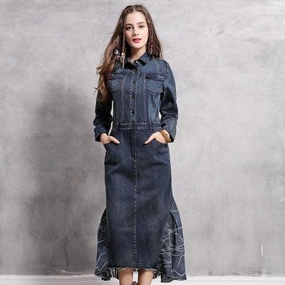 Collar Vintage Denim Patchwork Mermaid Long Dress - TeresaCollections