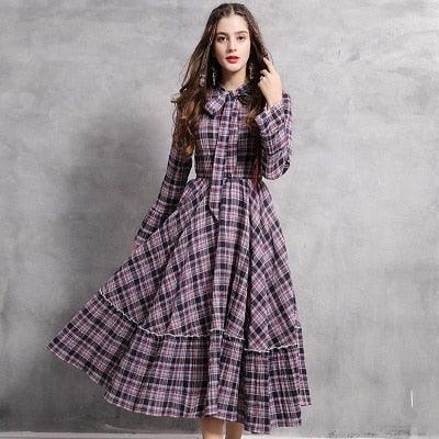 Plaid Flare Sleeve A-Line Swing Drawstring Collar Dress - TeresaCollections