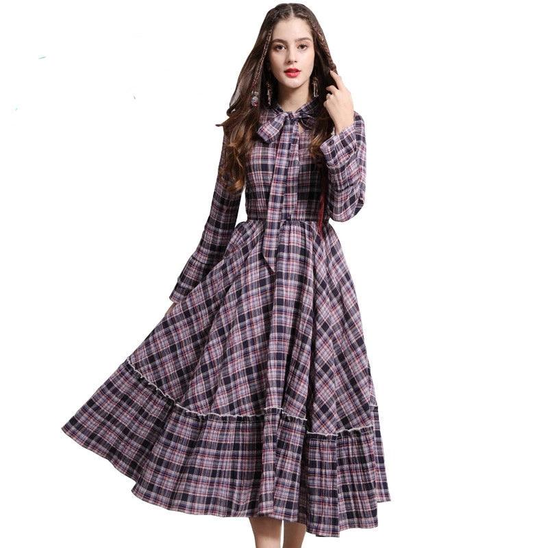 Plaid Flare Sleeve A-Line Swing Drawstring Collar Dress - TeresaCollections