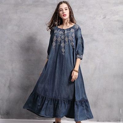 A-line Vintage Embroidery Loose Denim Dress - TeresaCollections